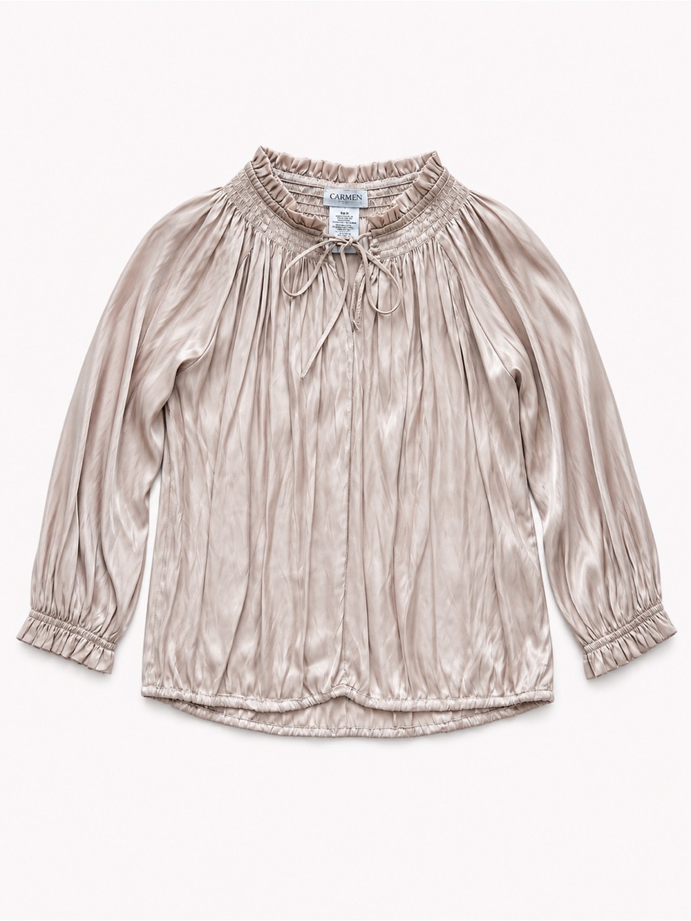 Carmen Marc Valvo Satin Blouse Taupe Tie Neck Size M Fits L - Picture 2 of 11